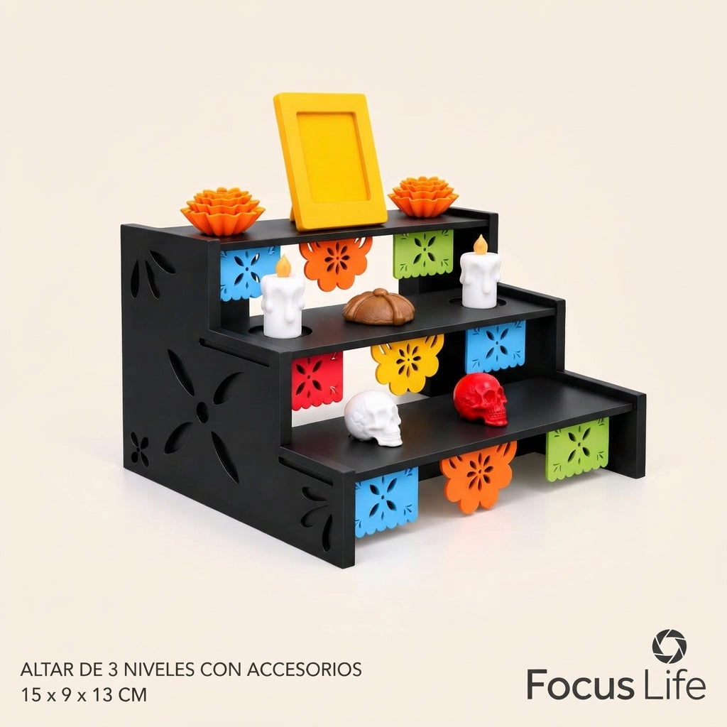 Mini Ofrenda de Día de Muertos de 3 Pisos con Accesorios y Papel Picado | Decoración Tradicional Mexicana (15 x 9 x 13 cm)