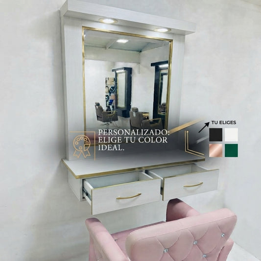 Estación de Belleza de Lujo "Glamour Gold" – Tocador Profesional con Iluminación LED y Cajoneras Reforzadas
