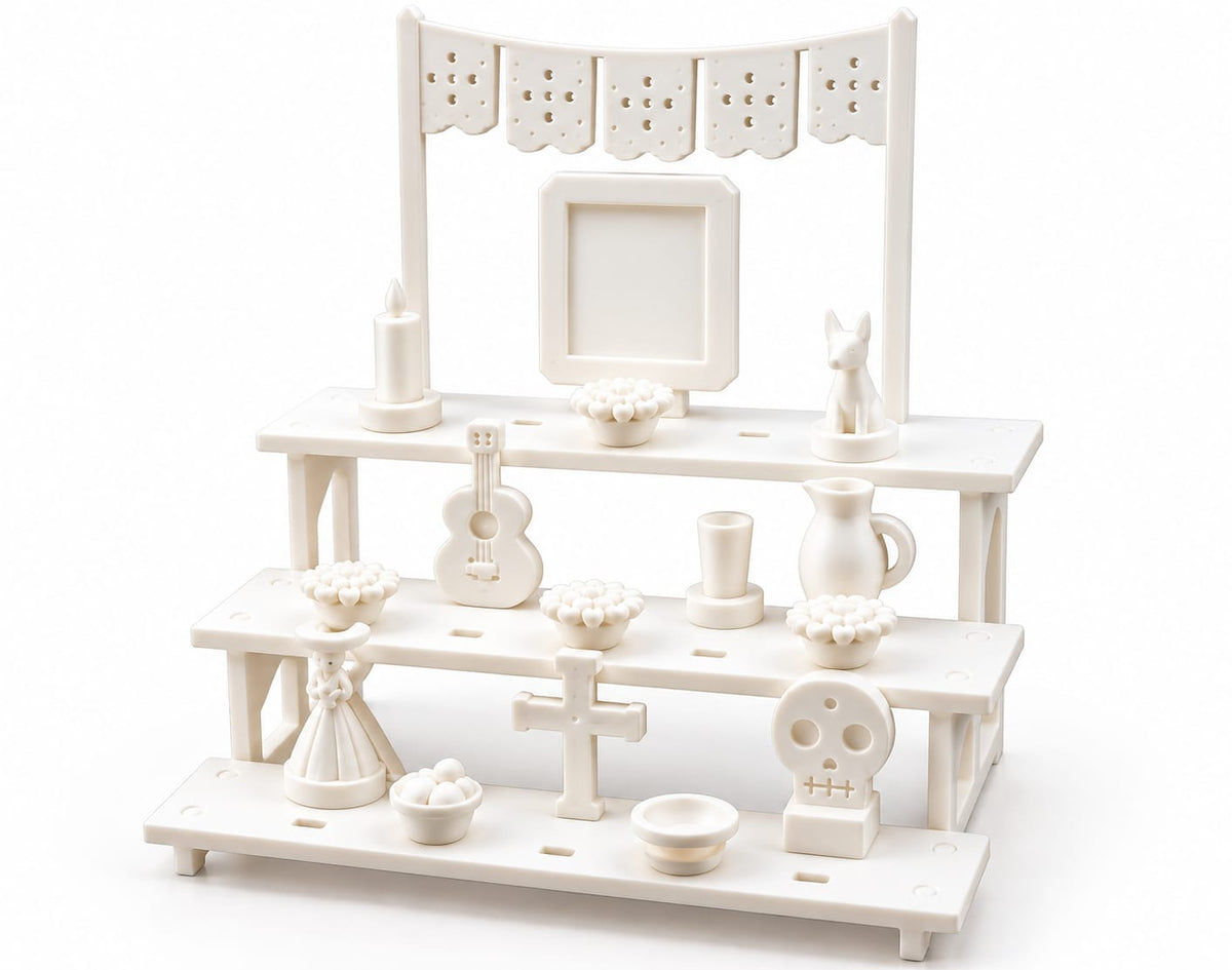 Mini Ofrenda de Día de Muertos Blanca de 3 Pisos con Accesorios y Papel Picado | Altar Tradicional Minimalista