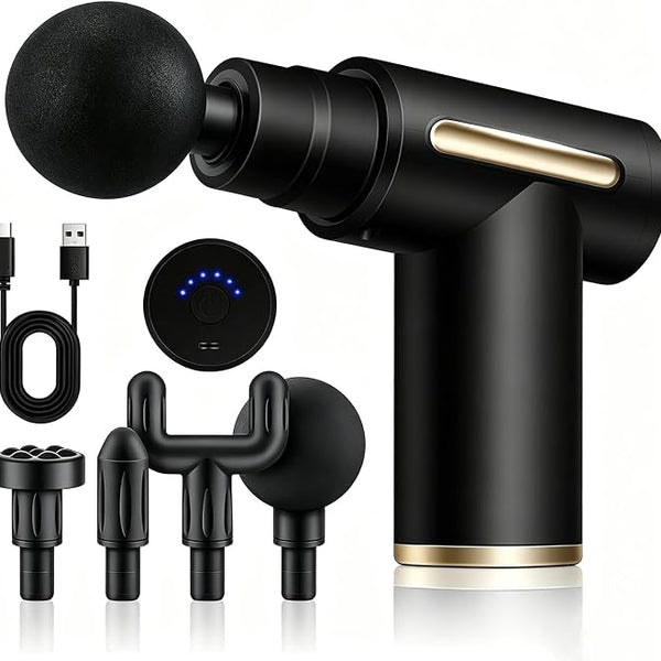 Pistola De Masaje con 4 Cabezas y 6 Velocidades Color NEGRO - Masajeador De Espalda Pistola Masajeadora Muscular,Massage Gun Con Pantalla Táctil LED, Masajeadors Profesional Mudo De Tejido Muscular Profundo, 20 Velocidades Ajustables Para Cuello y Hombros