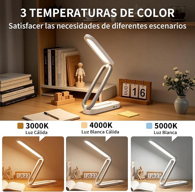 Lampara de Escritorio LED, Lámpara de Oficina Mesa, Luz de Lectura Recargable, 3 Modos de Iluminación, Atenuación Táctil, para Trabajar, Estudiar, Leer, Escribir