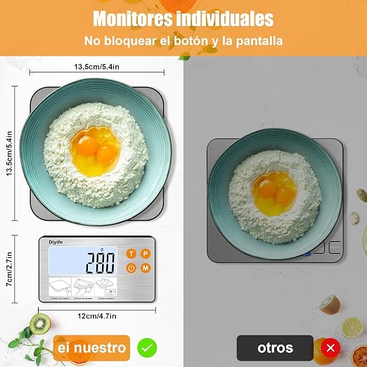 Báscula Digital de Alimentos 15 KG, Pantalla LCD Dividida - Báscula de Cocina Precisa, 7 Unidades, Función de Tara, Bascula Digital Cocina, Báscula Gramera, con Baterías