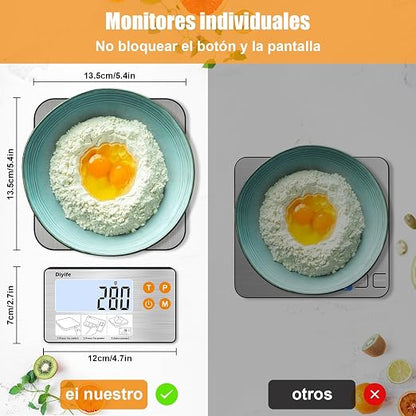 Báscula Digital de Alimentos 15 KG, Pantalla LCD Dividida - Báscula de Cocina Precisa, 7 Unidades, Función de Tara, Bascula Digital Cocina, Báscula Gramera, con Baterías