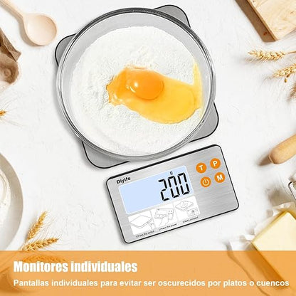 Báscula Digital de Alimentos 15 KG, Pantalla LCD Dividida - Báscula de Cocina Precisa, 7 Unidades, Función de Tara, Bascula Digital Cocina, Báscula Gramera, con Baterías