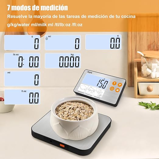 Báscula Digital de Alimentos 15 KG, Pantalla LCD Dividida - Báscula de Cocina Precisa, 7 Unidades, Función de Tara, Bascula Digital Cocina, Báscula Gramera, con Baterías