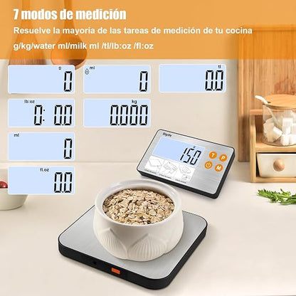 Báscula Digital de Alimentos 15 KG, Pantalla LCD Dividida - Báscula de Cocina Precisa, 7 Unidades, Función de Tara, Bascula Digital Cocina, Báscula Gramera, con Baterías