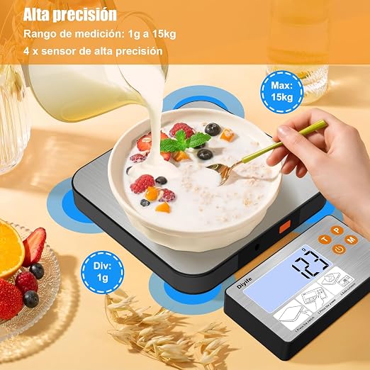 Báscula Digital de Alimentos 15 KG, Pantalla LCD Dividida - Báscula de Cocina Precisa, 7 Unidades, Función de Tara, Bascula Digital Cocina, Báscula Gramera, con Baterías