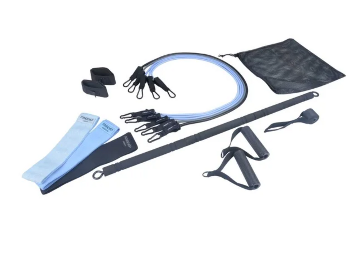 Kit 15 piezas de entrenamiento portatil para Pilates, Yoga, Gimnasio, para un entrenamiento en cualquier lugar - Bandas elásticas, Barra de Resistencia - Kit Portátil, Yoga, Pilates, Gimnasio