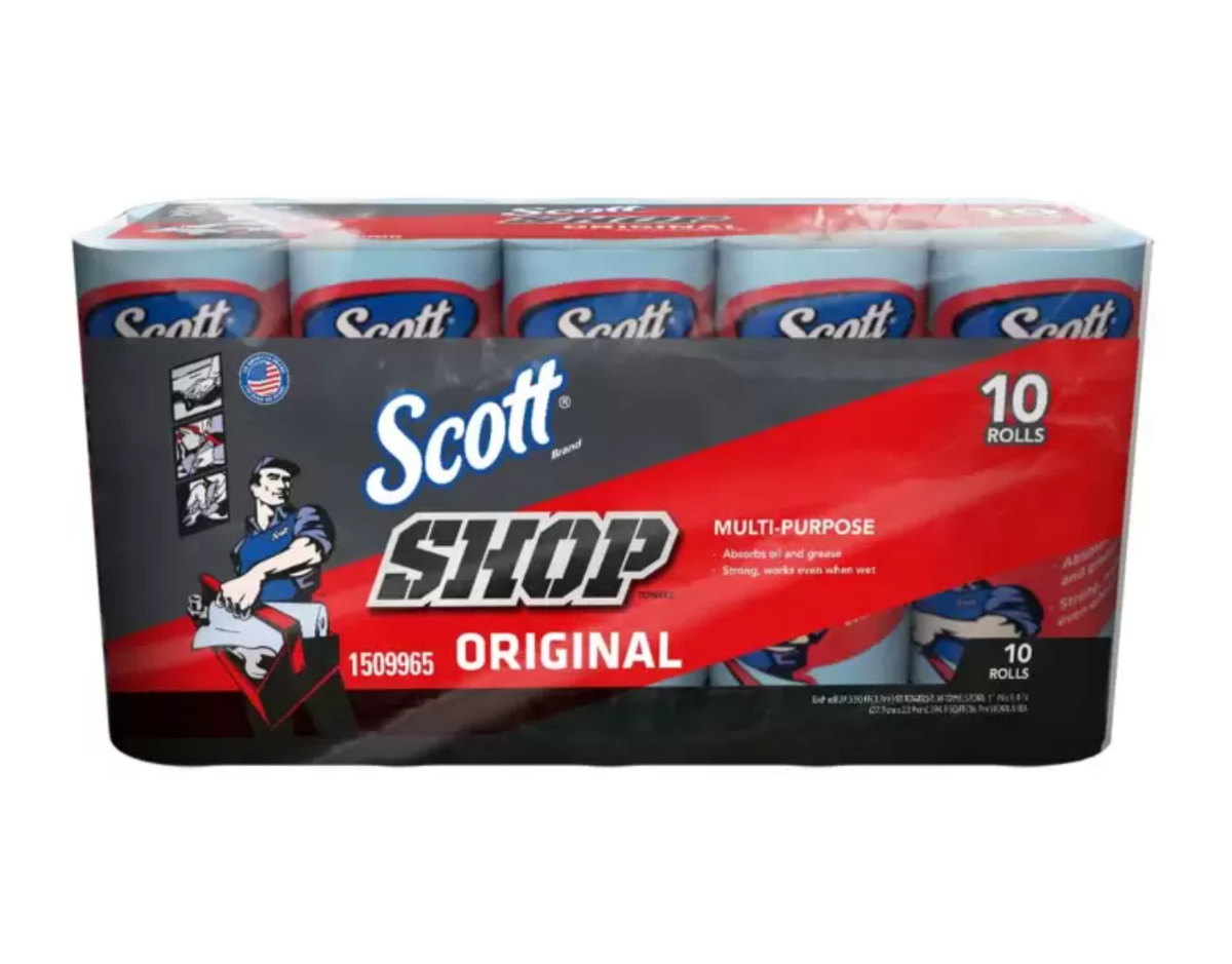 Scott Shop Towell Toalla Azul Multiuso Absorbente - Paquete 10 rollos con 55 toallas c/u