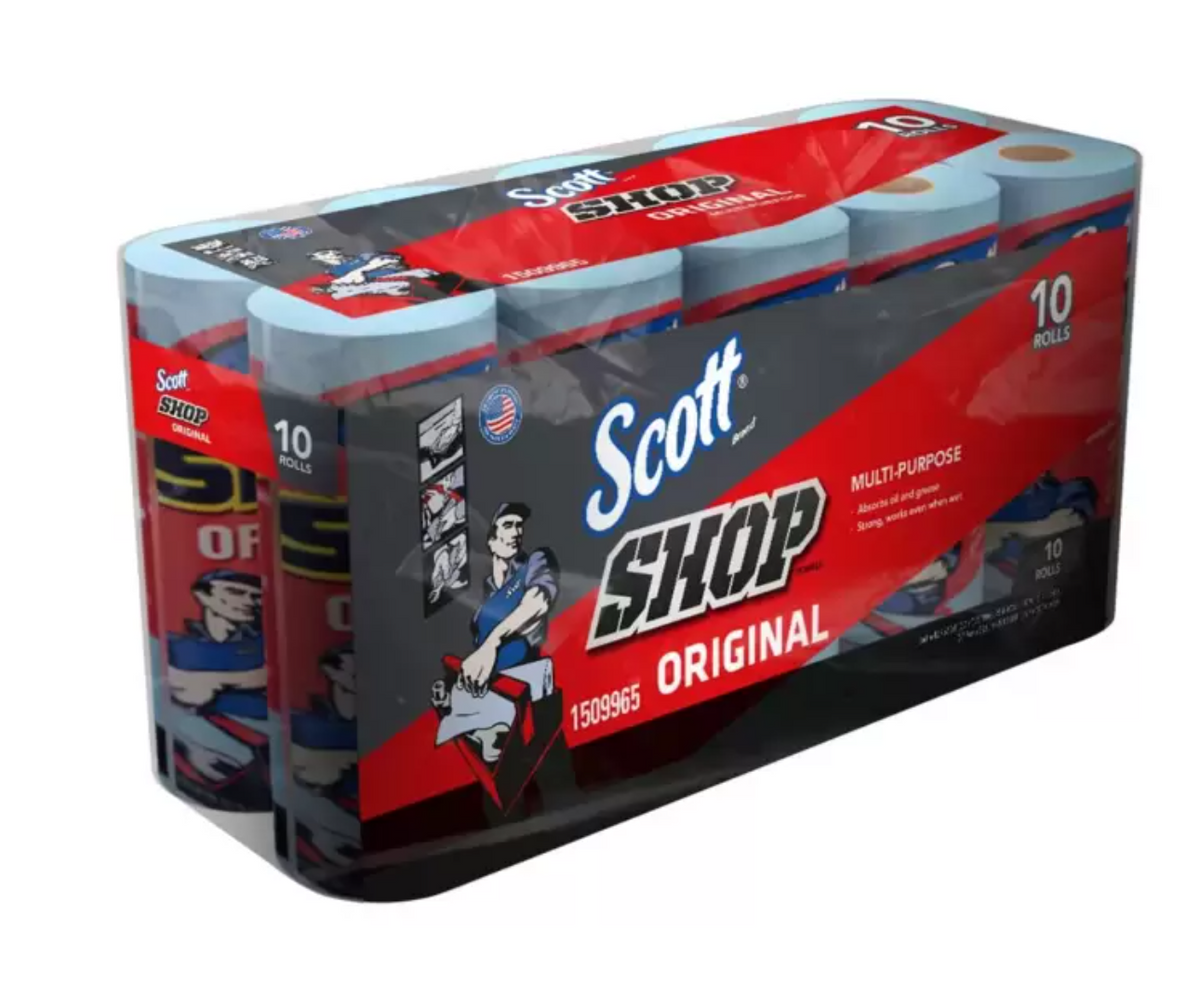 Scott Shop Towell Toalla Azul Multiuso Absorbente - Paquete 10 rollos con 55 toallas c/u