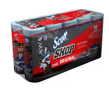 Scott Shop Towell Toalla Azul Multiuso Absorbente - Paquete 10 rollos con 55 toallas c/u
