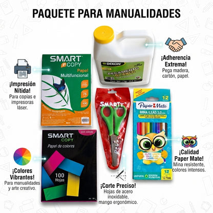 Paquete para Manualidades - Hojas de colores, Hojas blancas, caja de colores, Resistol y Tijeras