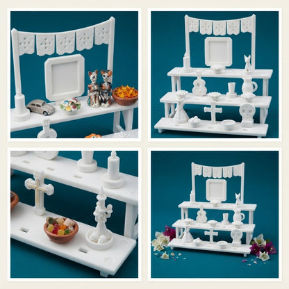 Mini Ofrenda de Día de Muertos Blanca de 3 Pisos con Accesorios y Papel Picado | Altar Tradicional Minimalista
