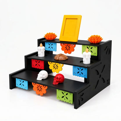 Mini Ofrenda de Día de Muertos de 3 Pisos con Accesorios y Papel Picado | Decoración Tradicional Mexicana (15 x 9 x 13 cm)