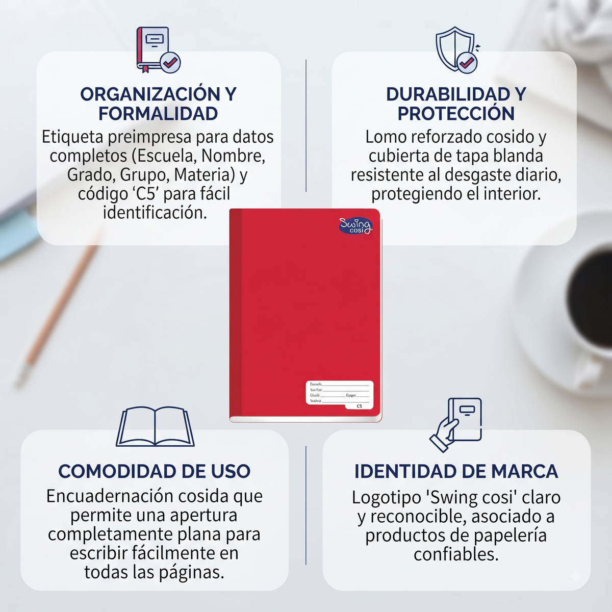 Kit 6 Cuadernos Cosidos Swing Cosi Cuadro Chico C5 - Libretas Escolares Multicolor Pasta Resistente