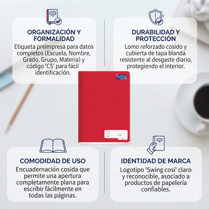 Kit 6 Cuadernos Cosidos Swing Cosi Cuadro Chico C5 - Libretas Escolares Multicolor Pasta Resistente