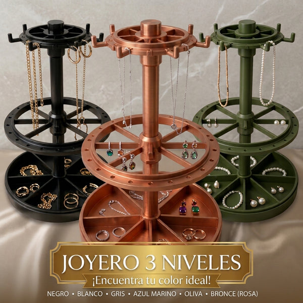 Joyero Organizador de Joyas de 3 Niveles: Exhibidor Giratorio para Collares, Aretes y Anillos