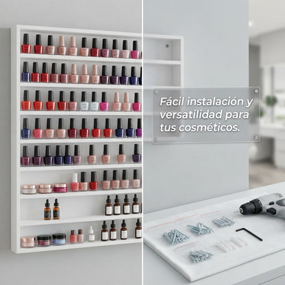 Esmaltero Organizador de Pared para Uñas 90x80 cm | Anaquel Flotante para Esmaltes de 10 Niveles PREMIUM