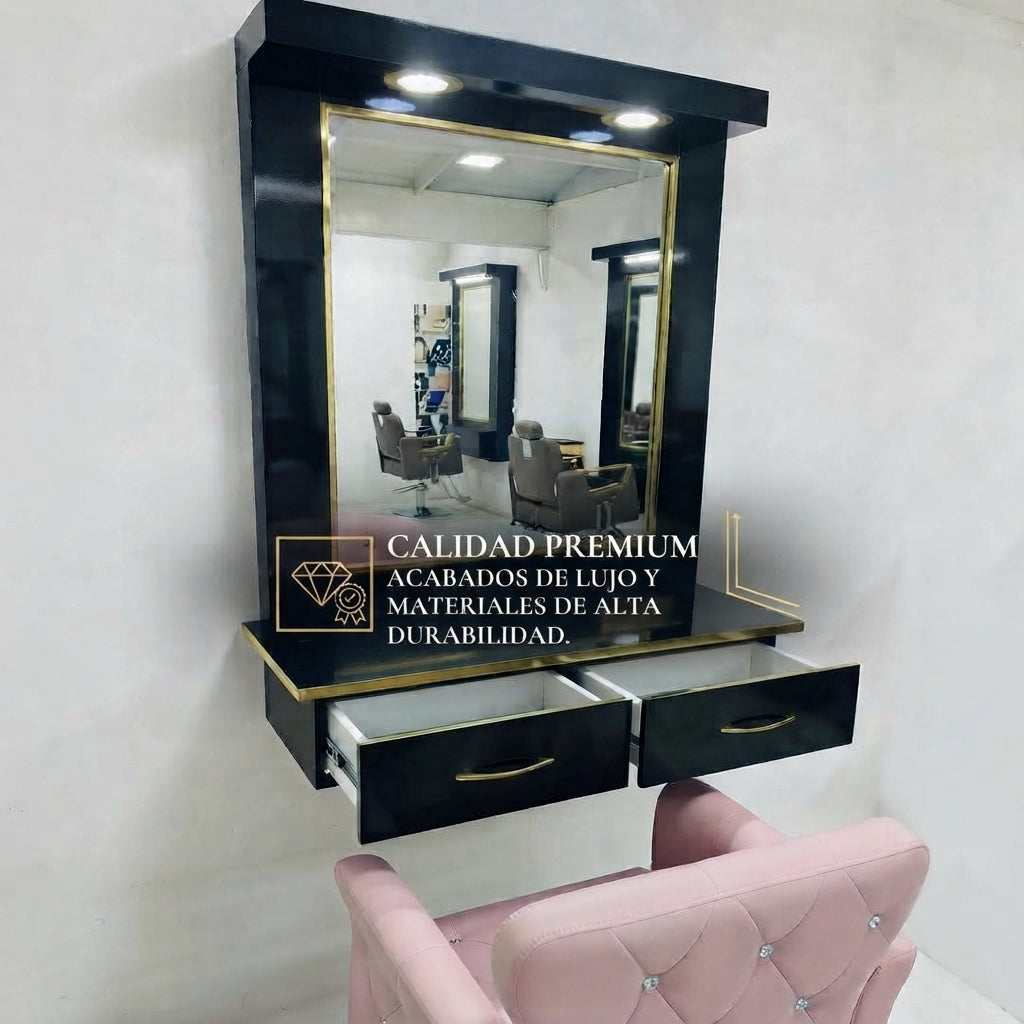 Estación de Belleza de Lujo "Glamour Gold" – Tocador Profesional con Iluminación LED y Cajoneras Reforzadas
