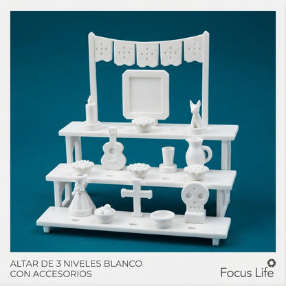 Mini Ofrenda de Día de Muertos Blanca de 3 Pisos con Accesorios y Papel Picado | Altar Tradicional Minimalista