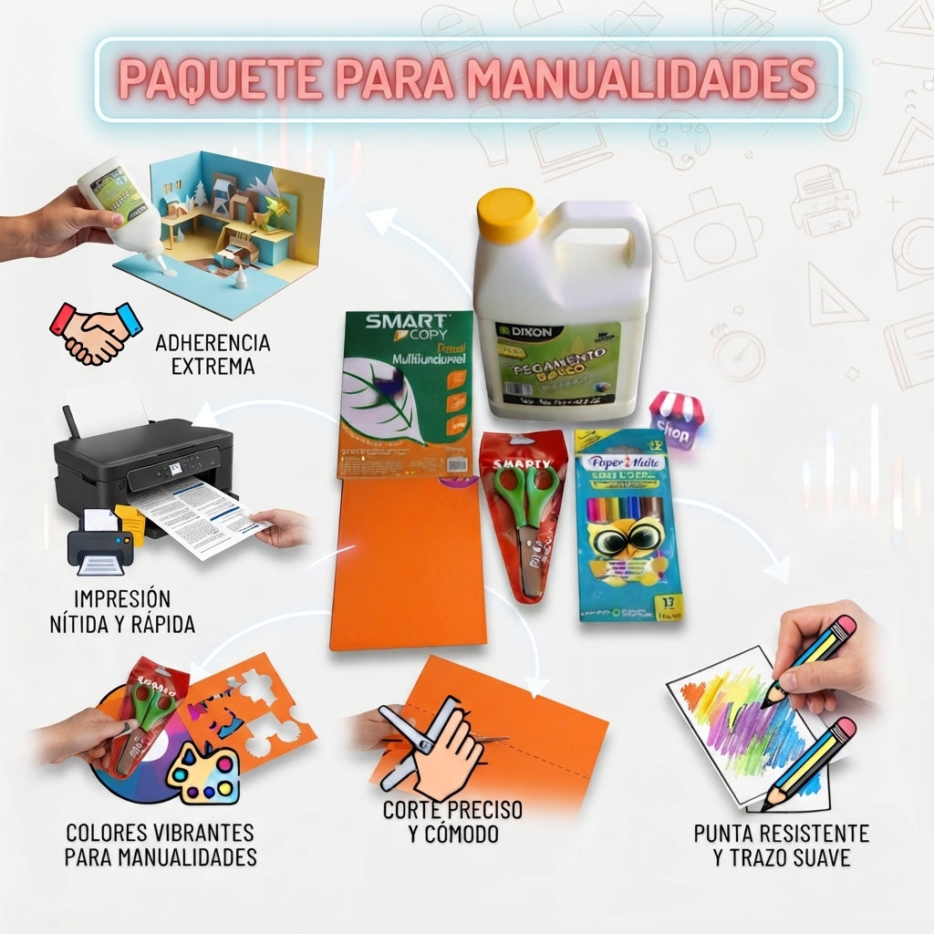 Paquete para Manualidades - Hojas de colores, Hojas blancas, caja de colores, Resistol y Tijeras