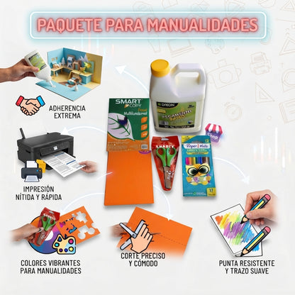 Paquete para Manualidades - Hojas de colores, Hojas blancas, caja de colores, Resistol y Tijeras