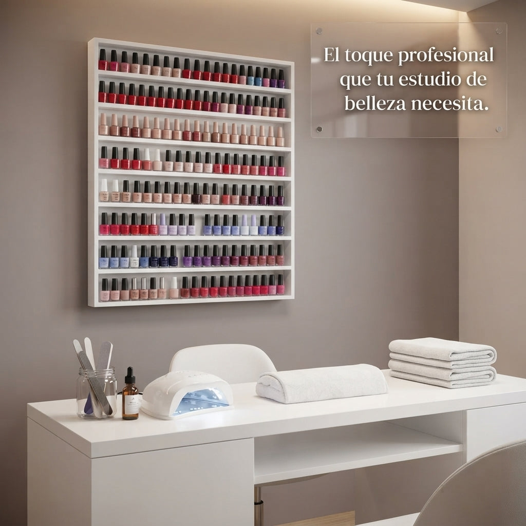 Esmaltero Organizador de Pared para Uñas 90x80 cm | Anaquel Flotante para Esmaltes de 10 Niveles PREMIUM