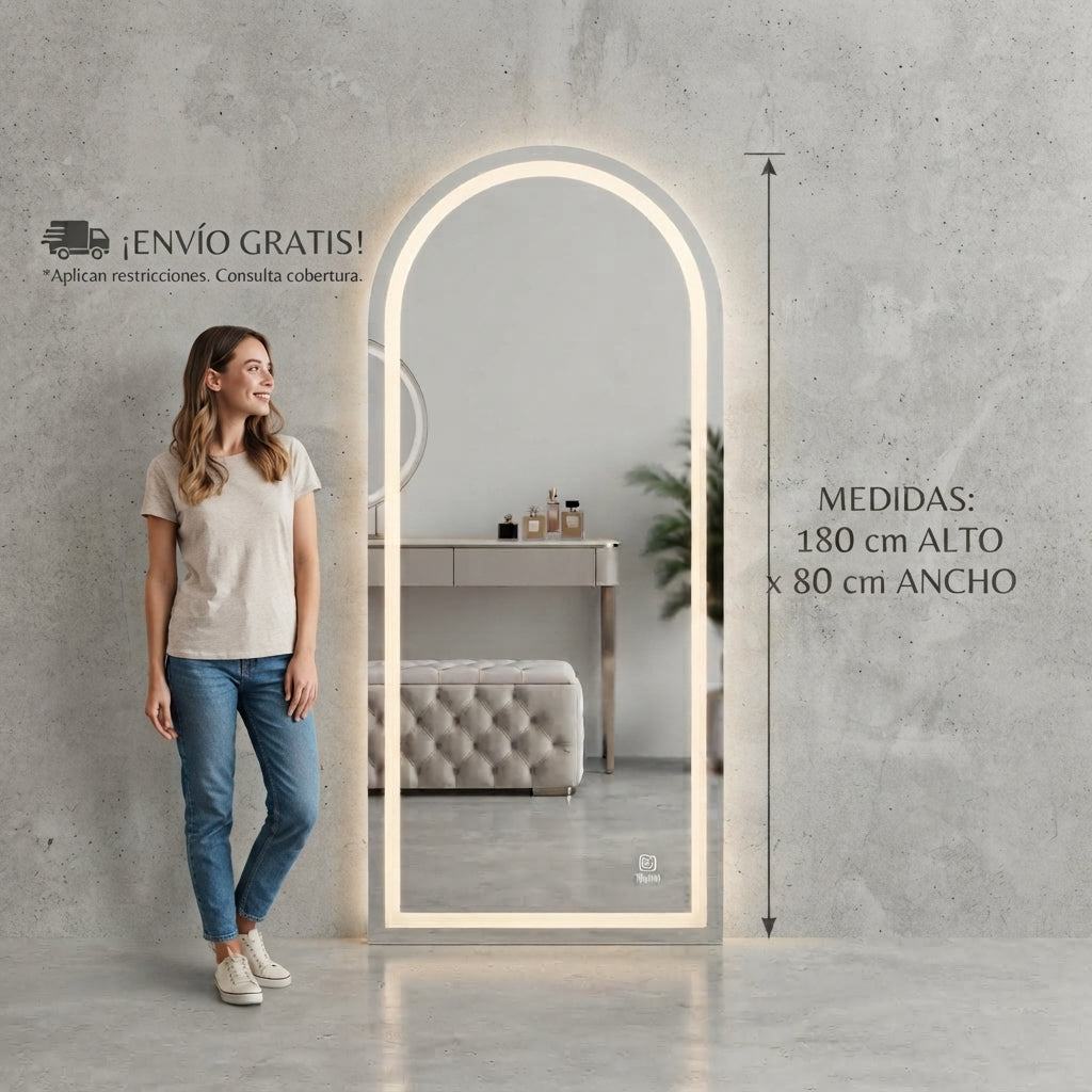 Espejo de Cuerpo Completo Arqueado con Luz LED 180 cm | Espejo Decorativo Táctil