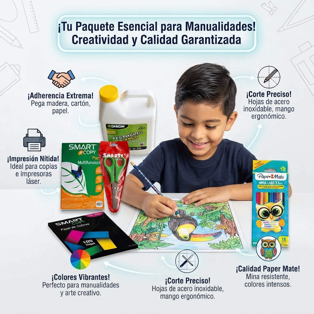 Paquete para Manualidades - Hojas de colores, Hojas blancas, caja de colores, Resistol y Tijeras