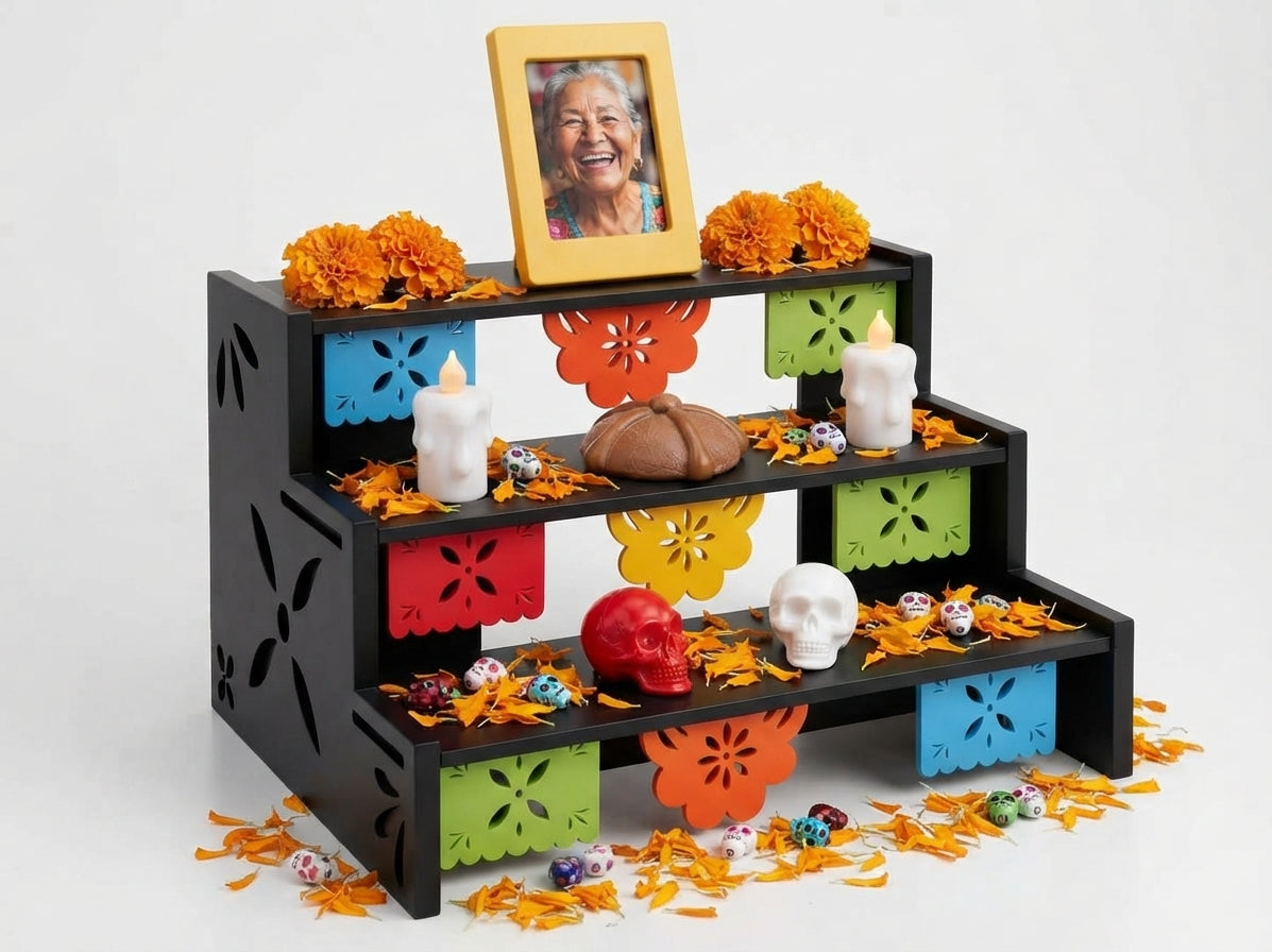 Mini Ofrenda de Día de Muertos de 3 Pisos con Accesorios y Papel Picado | Decoración Tradicional Mexicana (15 x 9 x 13 cm)