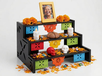 Mini Ofrenda de Día de Muertos de 3 Pisos con Accesorios y Papel Picado | Decoración Tradicional Mexicana (15 x 9 x 13 cm)