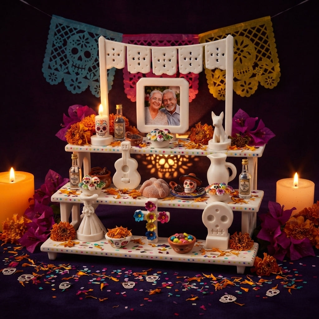 Mini Ofrenda de Día de Muertos Blanca de 3 Pisos con Accesorios y Papel Picado | Altar Tradicional Minimalista