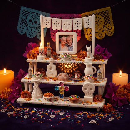 Mini Ofrenda de Día de Muertos Blanca de 3 Pisos con Accesorios y Papel Picado | Altar Tradicional Minimalista