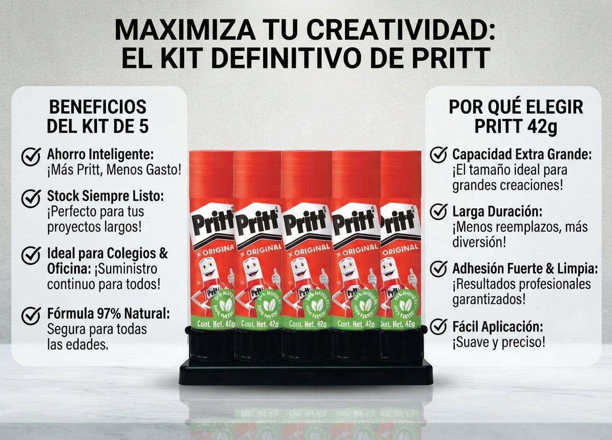Pritt Pegamento Lápiz Adhesivo Original Tubo 42g con 5 Piezas 100% Natural y Fuerte para Uso Diario Confiable y Duradero