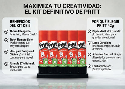 Pritt Pegamento Lápiz Adhesivo Original Tubo 42g con 5 Piezas 100% Natural y Fuerte para Uso Diario Confiable y Duradero