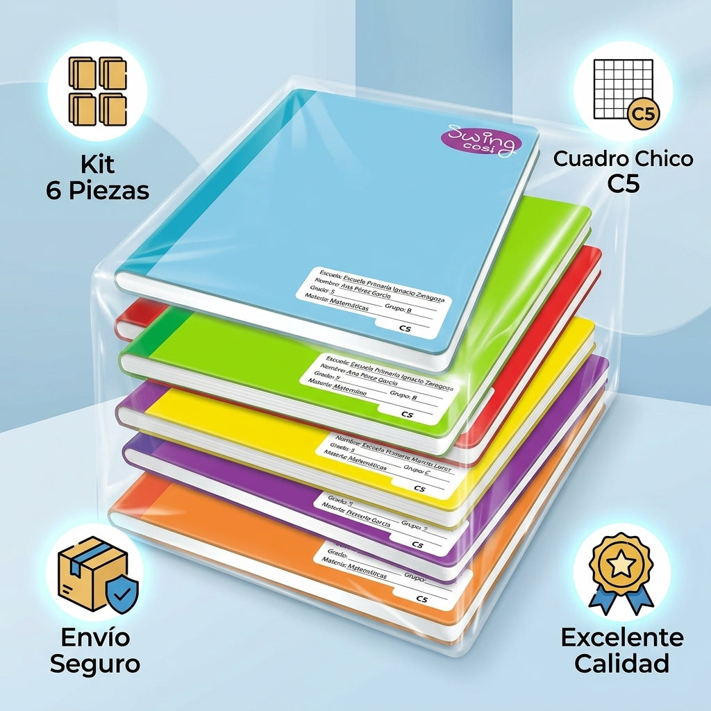 Kit 6 Cuadernos Cosidos Swing Cosi Cuadro Chico C5 - Libretas Escolares Multicolor Pasta Resistente