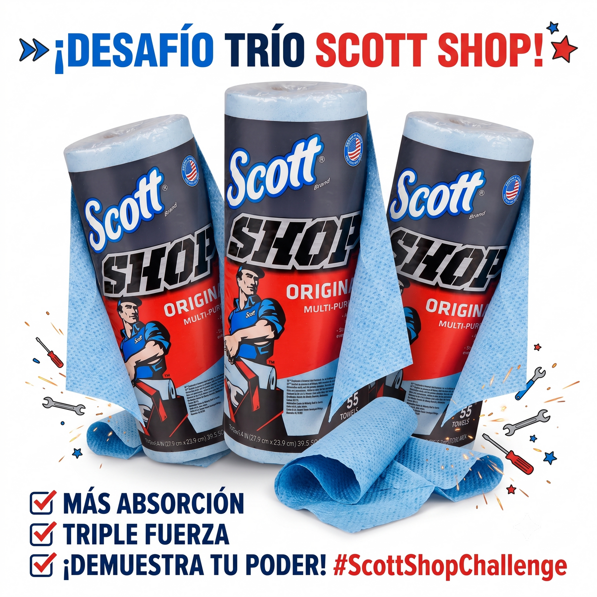 3 Rollos de Toallas Scott desechables multiusos, 165 Piezas para limpiar cualquier superficie sucia
