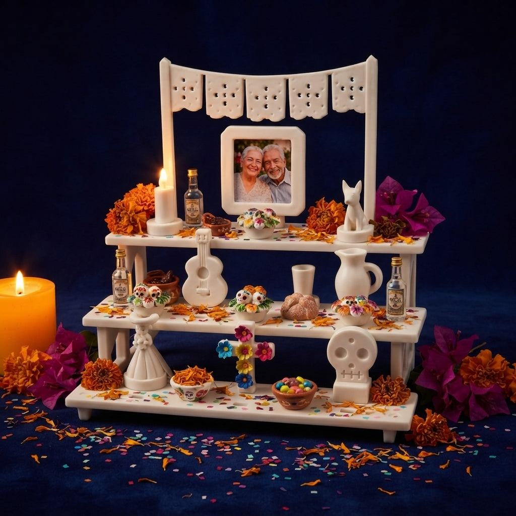 Mini Ofrenda de Día de Muertos Blanca de 3 Pisos con Accesorios y Papel Picado | Altar Tradicional Minimalista