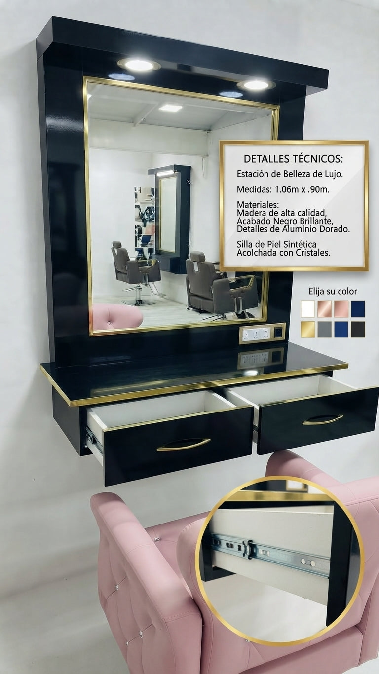 Estación de Belleza de Lujo "Glamour Gold" – Tocador Profesional con Iluminación LED y Cajoneras Reforzadas