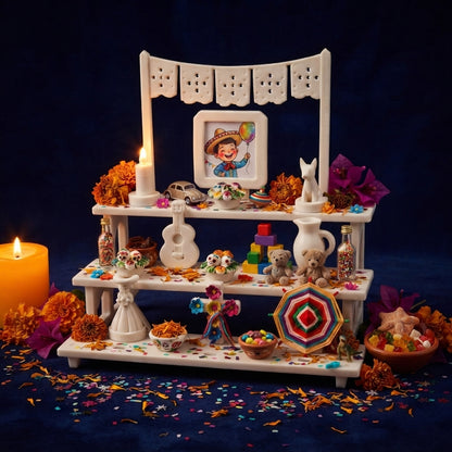 Mini Ofrenda de Día de Muertos Blanca de 3 Pisos con Accesorios y Papel Picado | Altar Tradicional Minimalista