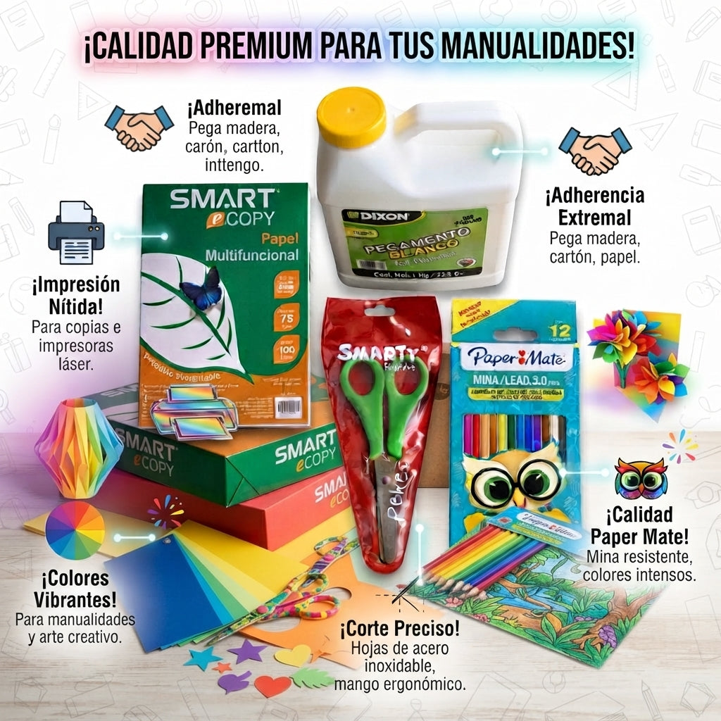 Paquete para Manualidades - Hojas de colores, Hojas blancas, caja de colores, Resistol y Tijeras