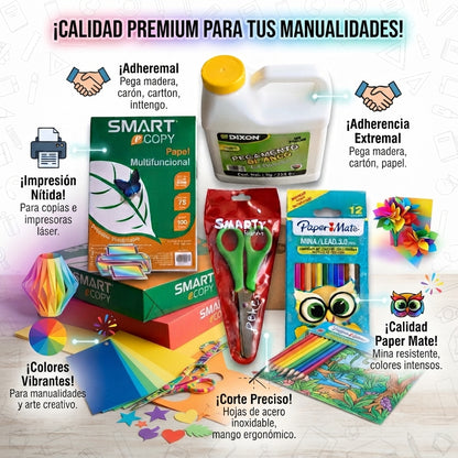 Paquete para Manualidades - Hojas de colores, Hojas blancas, caja de colores, Resistol y Tijeras