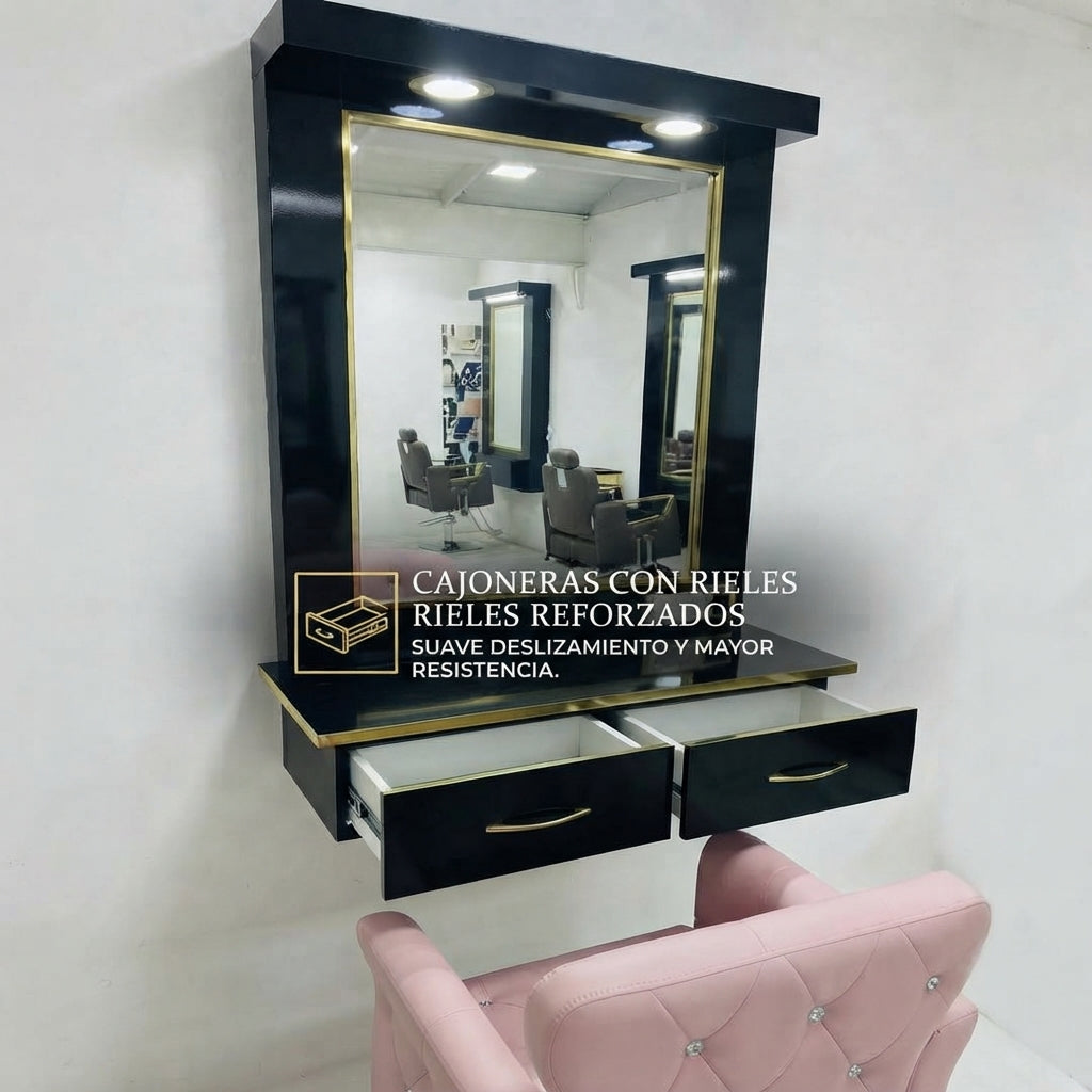 Estación de Belleza de Lujo "Glamour Gold" – Tocador Profesional con Iluminación LED y Cajoneras Reforzadas