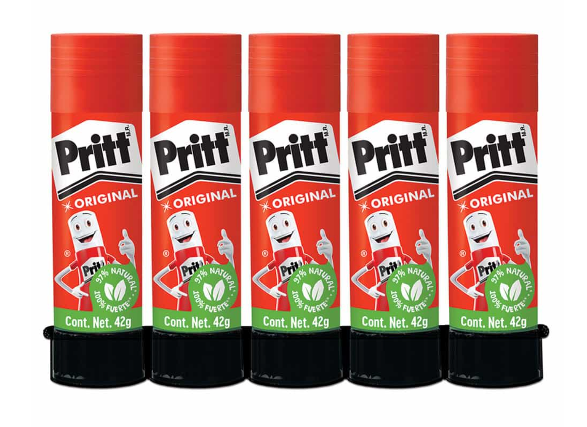 Pritt Pegamento Lápiz Adhesivo Original Tubo 42g con 5 Piezas 100% Natural y Fuerte para Uso Diario Confiable y Duradero
