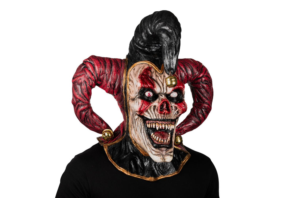 Máscara Malvado Bufón Ghoulish - Disfraz de Látex, Cáscabel Dorado para Halloween y Día de Muertos