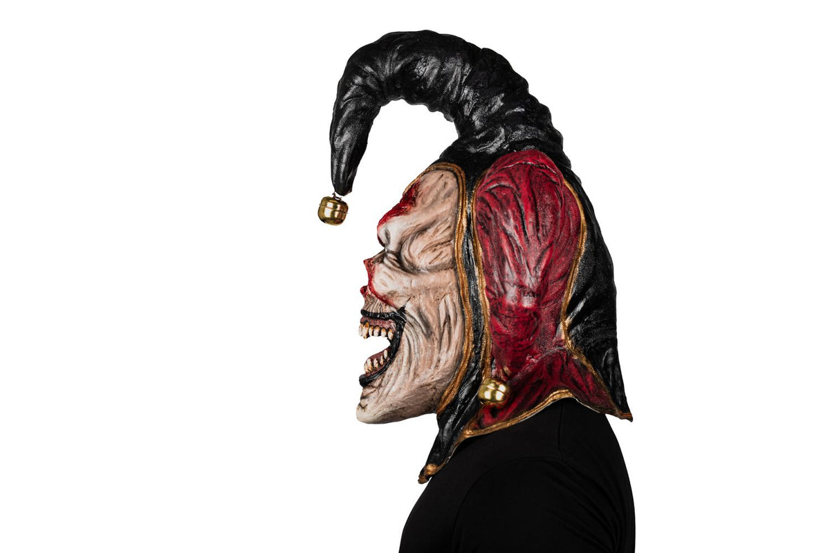 Máscara Malvado Bufón Ghoulish - Disfraz de Látex, Cáscabel Dorado para Halloween y Día de Muertos