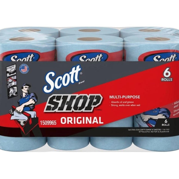 Scott Shop Towell - Paquete de 6 Rollos de Toalla Azul Multiusos Absorbente con 55 toallas c/u
